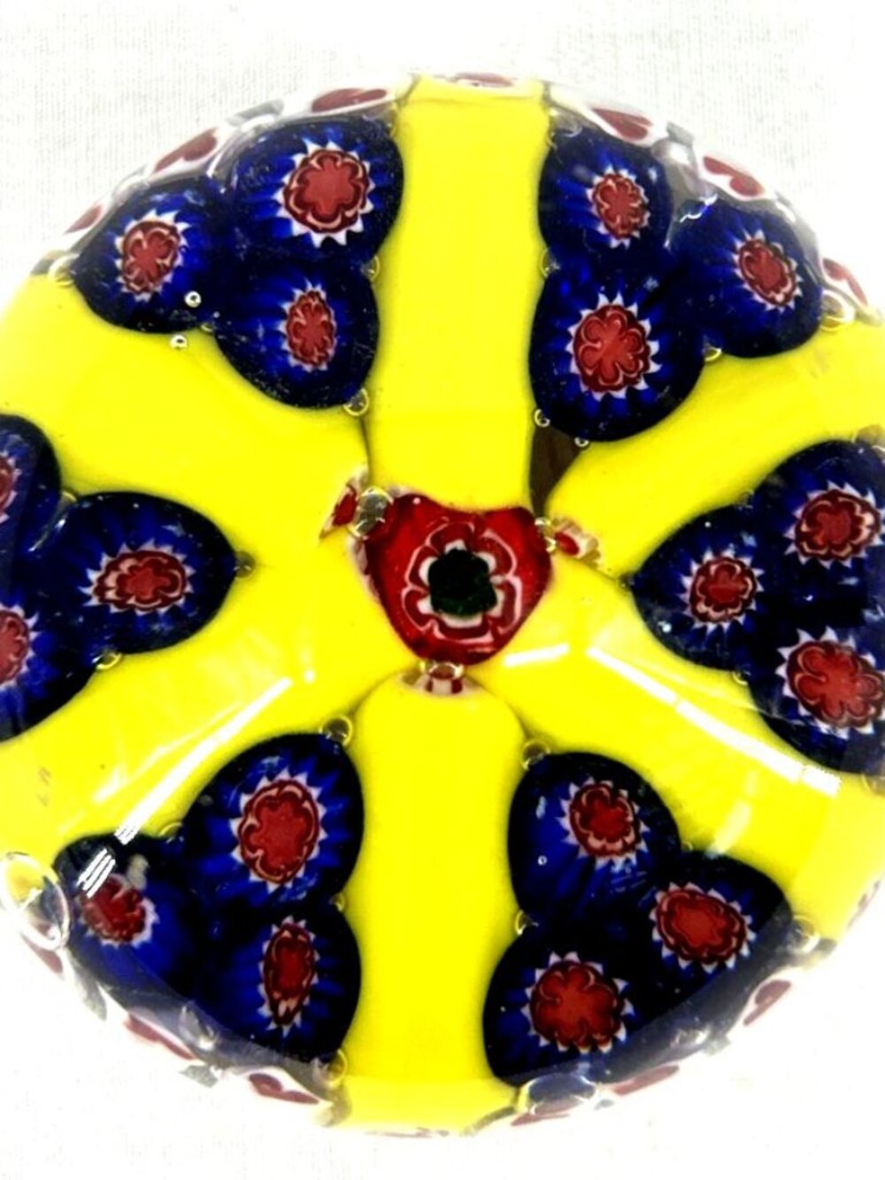 Art Glass Millefiori Paperweight Yellow Starburst Heart Canes Unmarked 2.75"